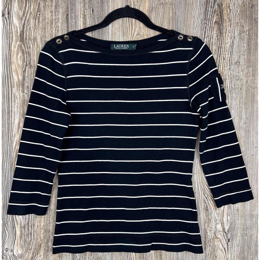 Lauren Ralph Lauren‎ Blouse Women's Med Black Striped 3/4 Sleeve Beach Nautical